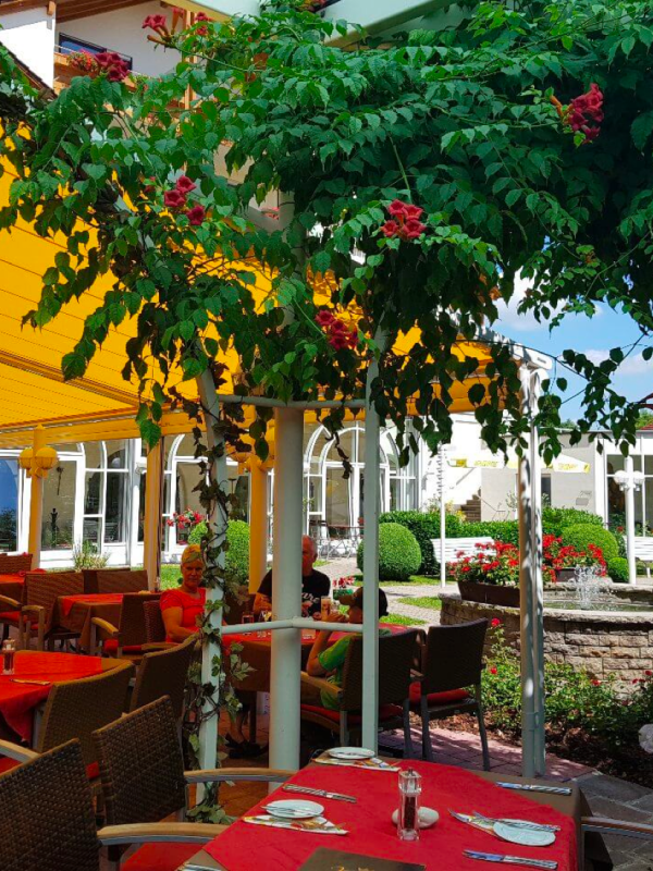 Idyllische Außenterrasse mit blühender Pergola – Sommergenuss in einem Bodensee Hotel mit Halbpension.